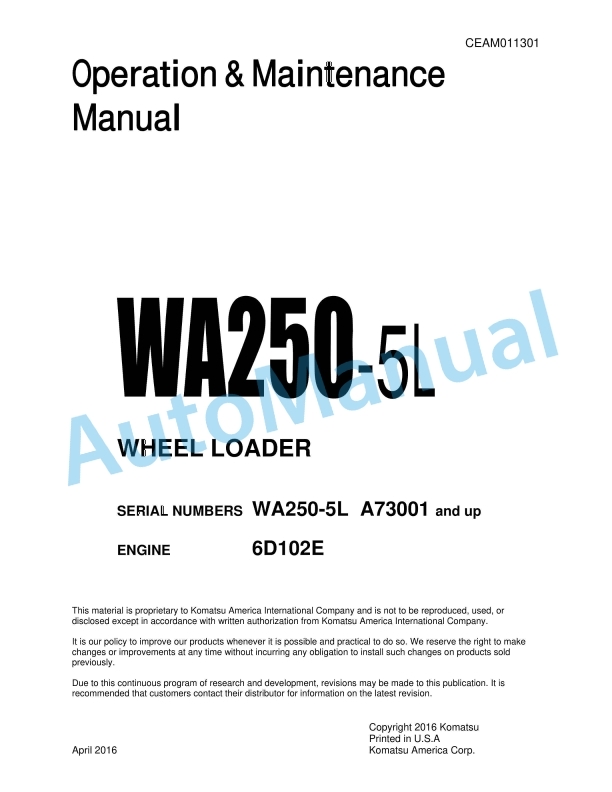 Komatsu WA250-5L Wheel Loader Operation and Maintenance Manual CEAM011301