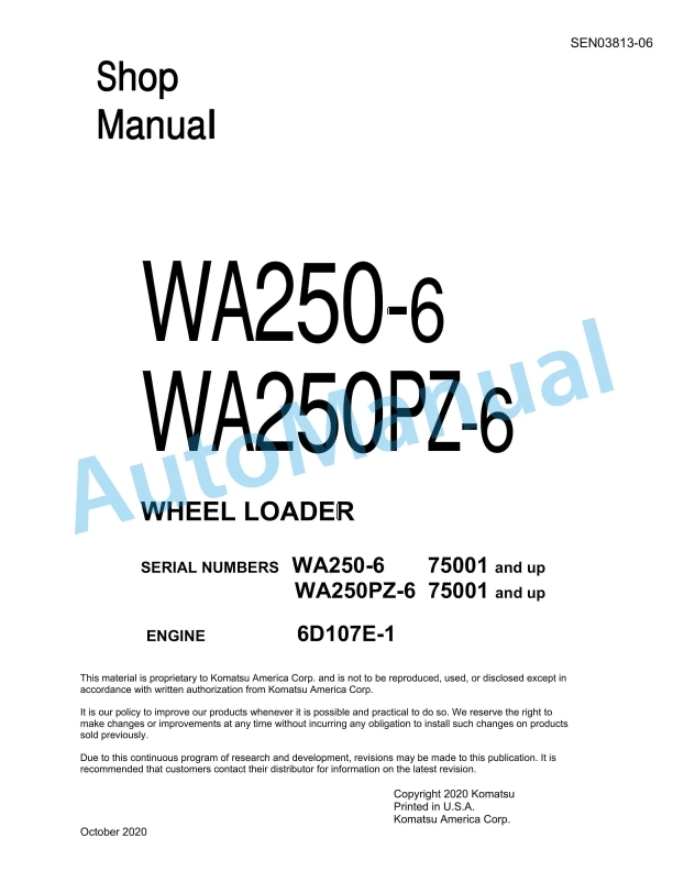 Komatsu WA250-6, WA250PZ-6 Wheel Loader Shop Manual SEN03813-06
