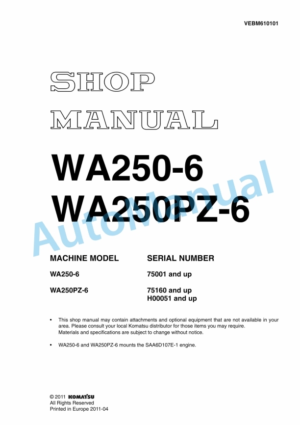 Komatsu WA250-6, WA250PZ-6 Wheel Loader Shop Manual VEBM610101