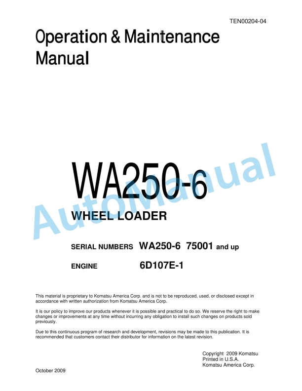 Komatsu WA250-6 Wheel Loader Operation and Maintenance Manual TEN00204-04