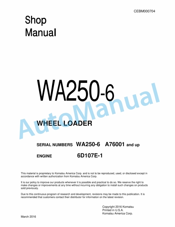 Komatsu WA250-6 Wheel Loader Shop Manual CEBM000704