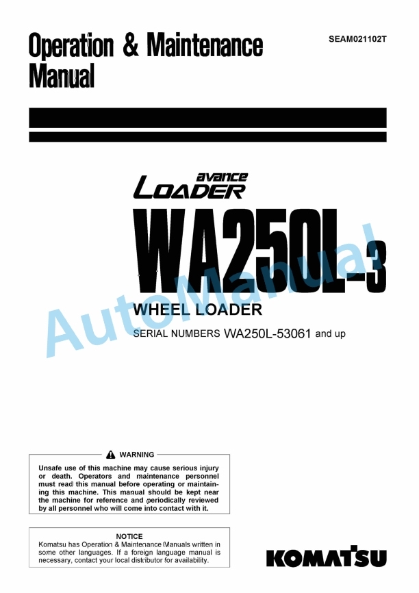 Komatsu WA250L-3 Avance Wheel Loader Operation and Maintenance Manual SEAM021102T