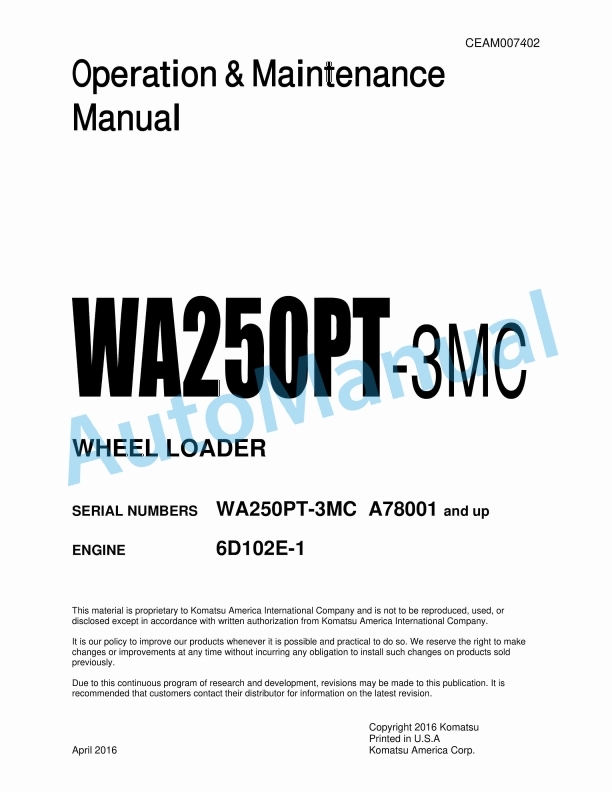 Komatsu WA250PT-3MC Wheel Loader Operation and Maintenance Manual CEAM007402