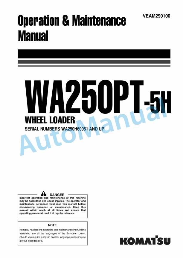 Komatsu WA250PT-5H Wheel Loader Operation and Maintenance Manual VEAM290100