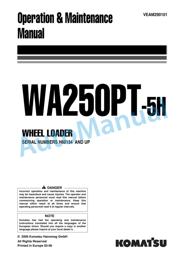 Komatsu WA250PT-5H Wheel Loader Operation and Maintenance Manual VEAM290101