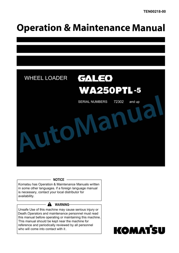 Komatsu WA250PTL-5 Galeo Wheel Loader Operation and Maintenance Manual TEN00218-00