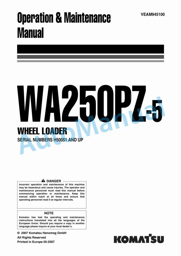 Komatsu WA250PZ-5 Wheel Loader Operation and Maintenance Manual VEAM945100