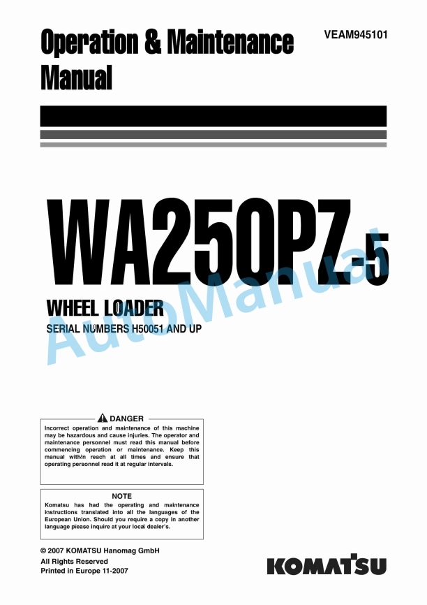 Komatsu WA250PZ-5 Wheel Loader Operation and Maintenance Manual VEAM945101