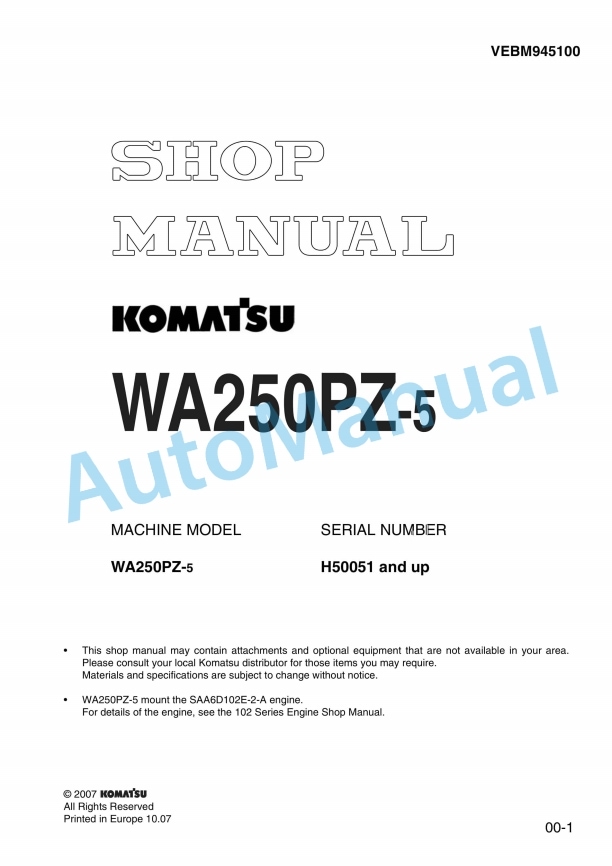 Komatsu WA250PZ-5 Wheel Loader Shop Manual VEBM945100