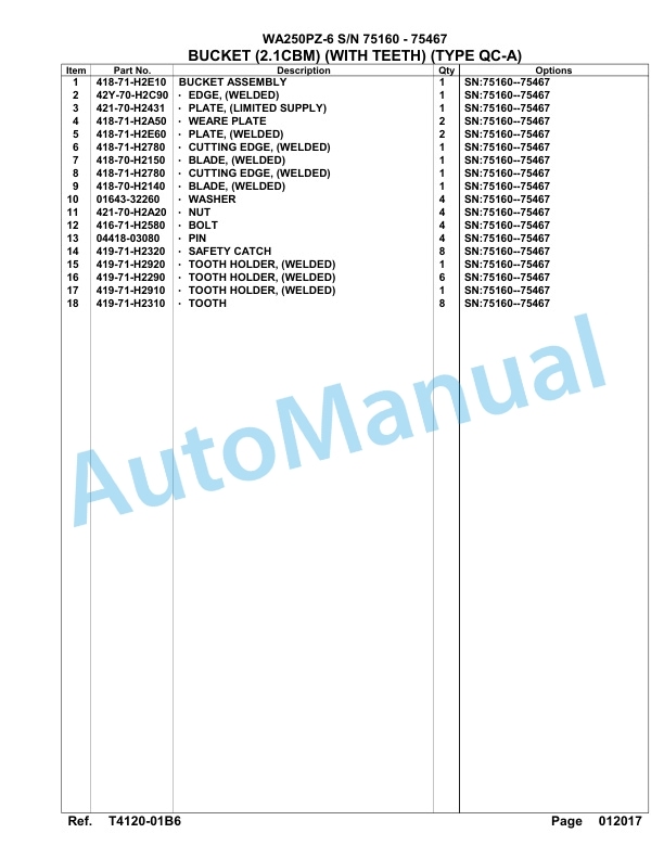 Komatsu WA250PZ-6 Parts Manual - 75160 - 75467-5