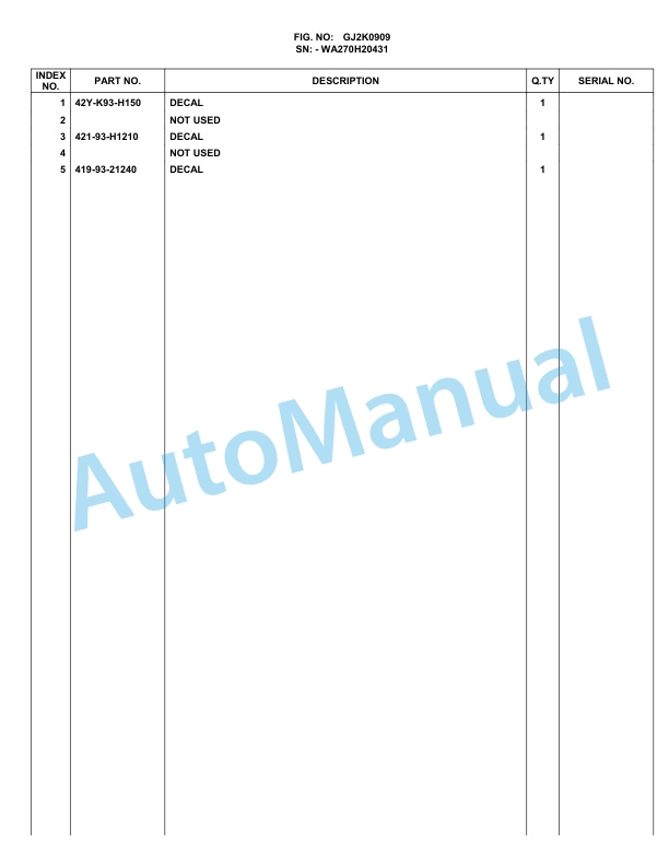 Komatsu WA270-3 Parts Manual WA270H20051-5