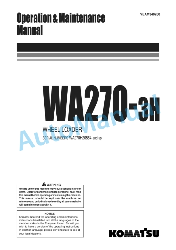 Komatsu WA270-3H Wheel Loader Operation and Maintenance Manual VEAM340200