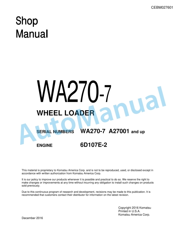Komatsu WA270-7 Wheel Loader Shop Manual CEBM027601