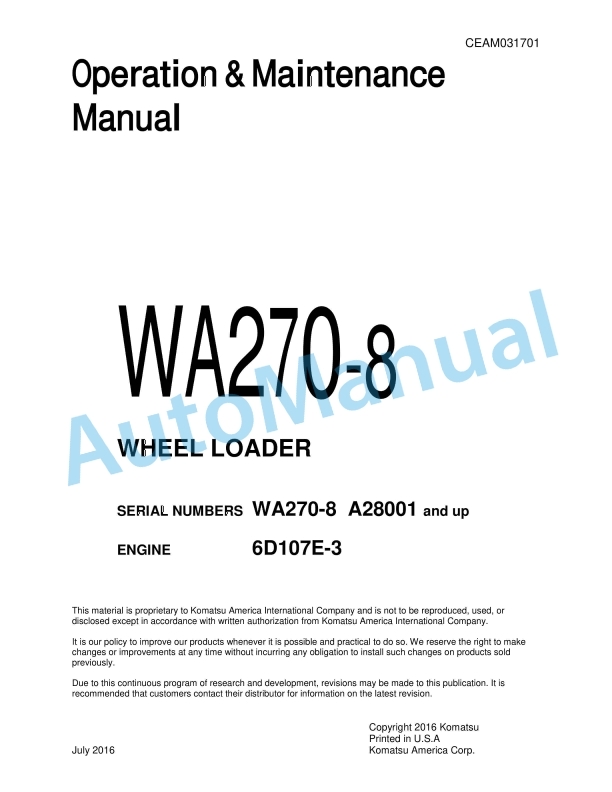 Komatsu WA270-8 Wheel Loader Operation and Maintenance Manual CEAM031701