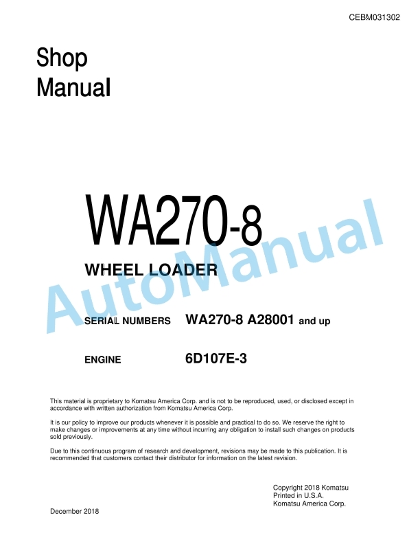 Komatsu WA270-8 Wheel Loader Shop Manual CEBM031302