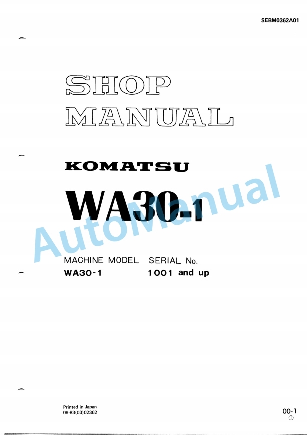 Komatsu WA30-1 Wheel Loader Shop Manual SEBM0362A01