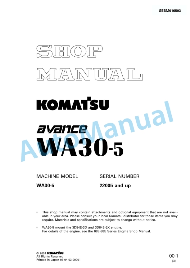 Komatsu WA30-5 Avance Wheel Loader Shop Manual SEBM016503
