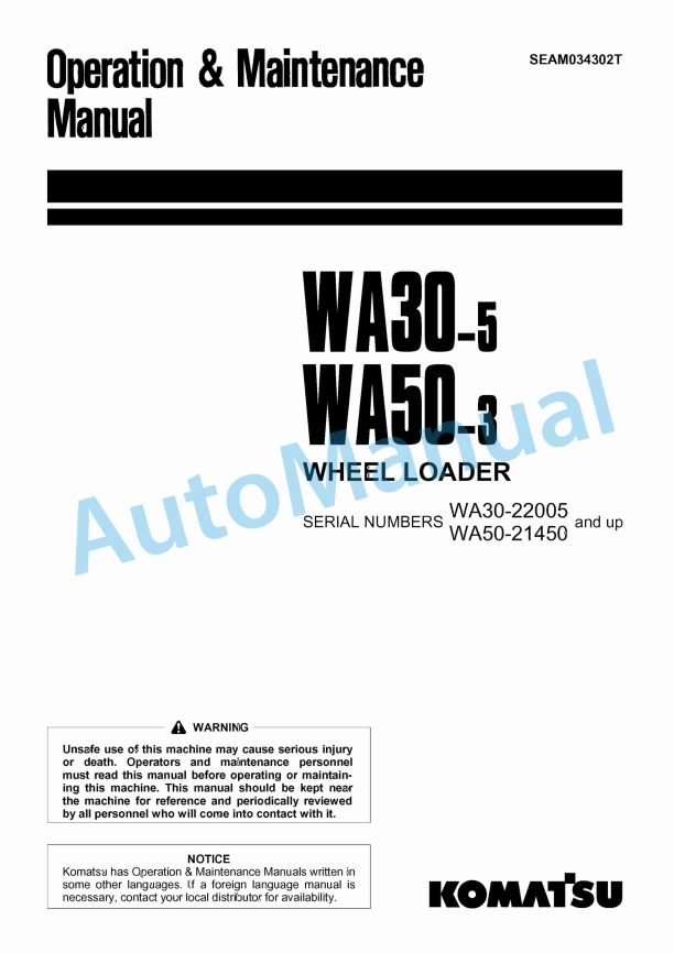 Komatsu WA30-5, WA50-3 Wheel Loader Operation and Maintenance Manual SEAM034302T