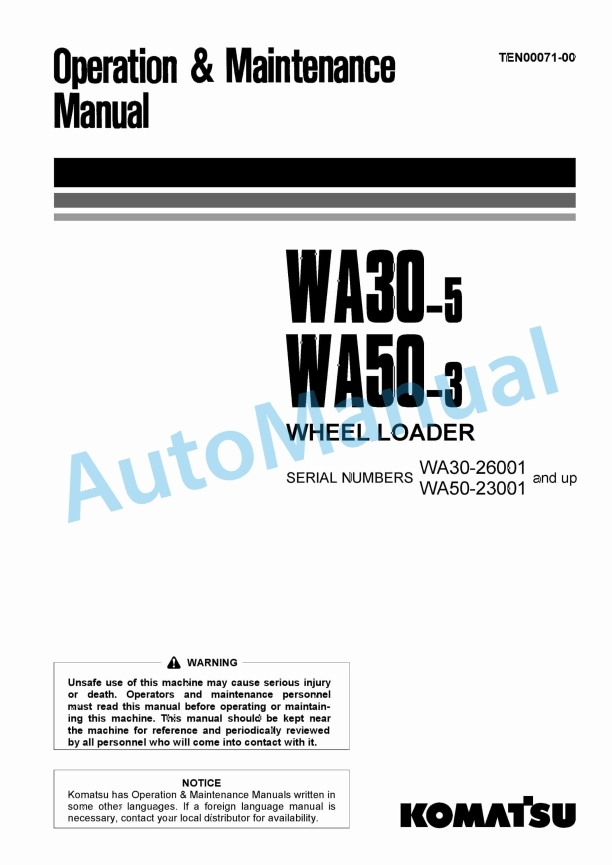 Komatsu WA30-5, WA50-3 Wheel Loader Operation and Maintenance Manual TEN00071-00