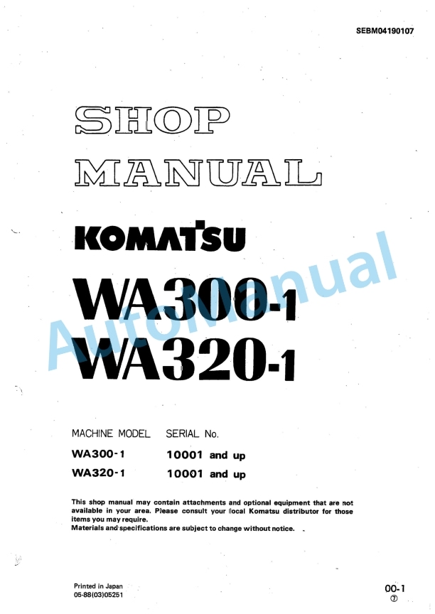 Komatsu WA300-1, WA320-1 Wheel Loader Shop Manual SEBM04190107
