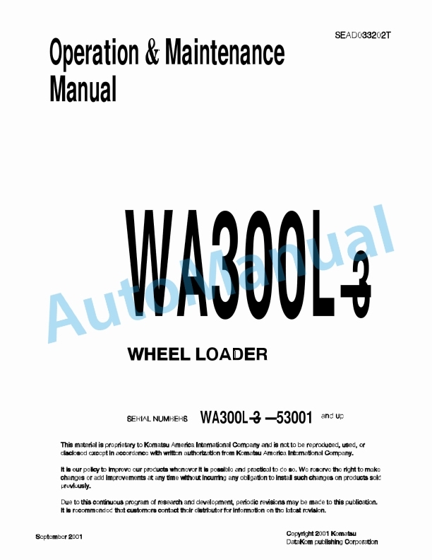 Komatsu WA300L-3 Wheel Loader Operation and Maintenance Manual SEAD033202T