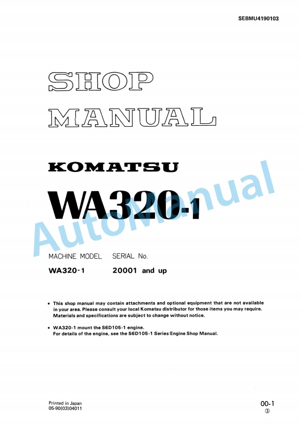 Komatsu WA320-1 Wheel Loader Shop Manual SEBMU4190103