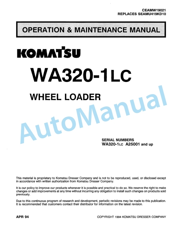 Komatsu WA320-1LC Wheel Loader Operation and Maintenance Manual CEAMW19021