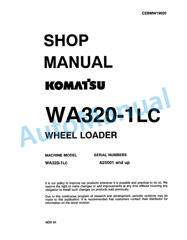 Komatsu WA320-1LC Wheel Loader Shop Manual CEBMW19020