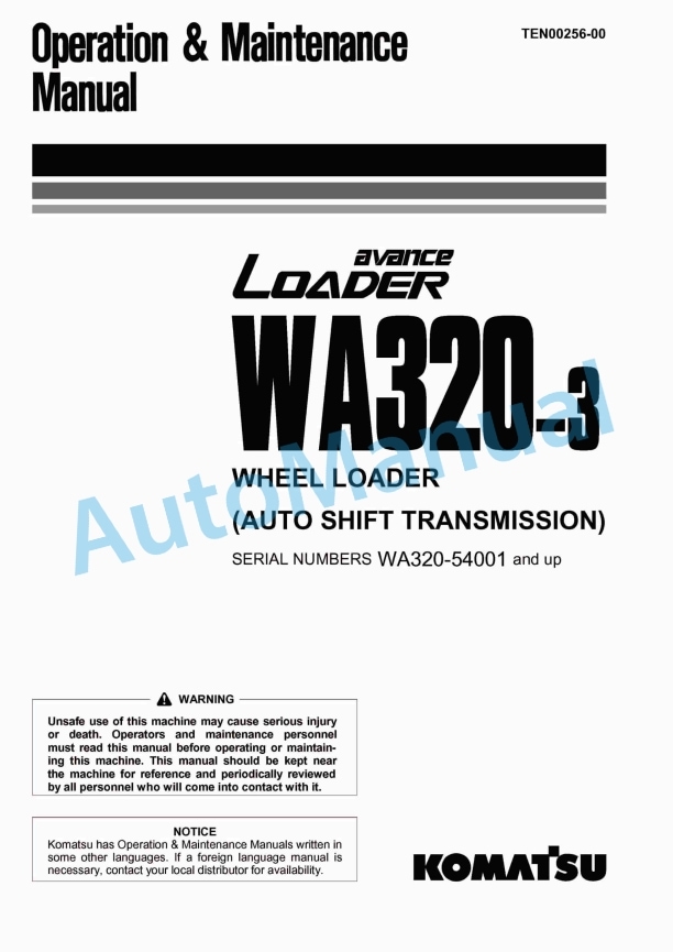 Komatsu WA320-3 Avance Auto Shift Transmission Wheel Loader Operation and Maintenance Manual TEN00256-00