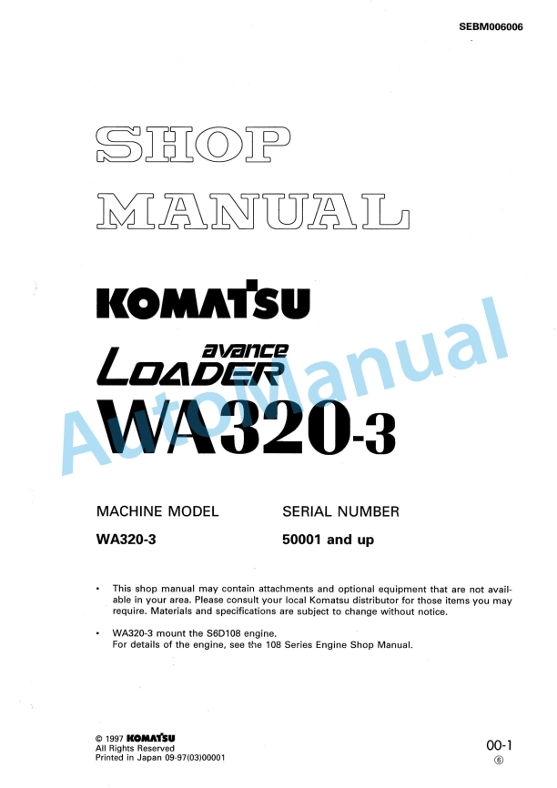 Komatsu WA320-3 Avance Loader Shop Manual SEBM006006