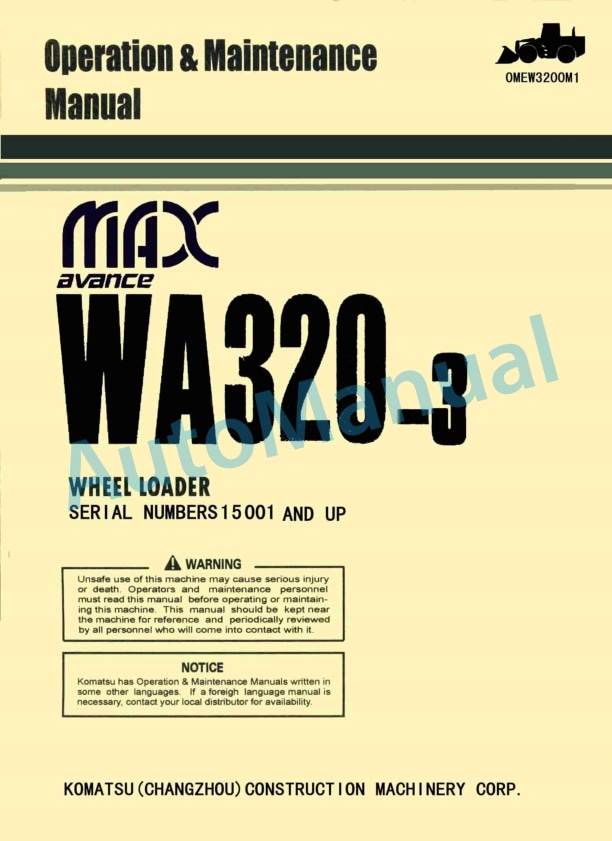 Komatsu WA320-3 Avance Wheel Loader Operation and Maintenance Manual OMEW3200M1