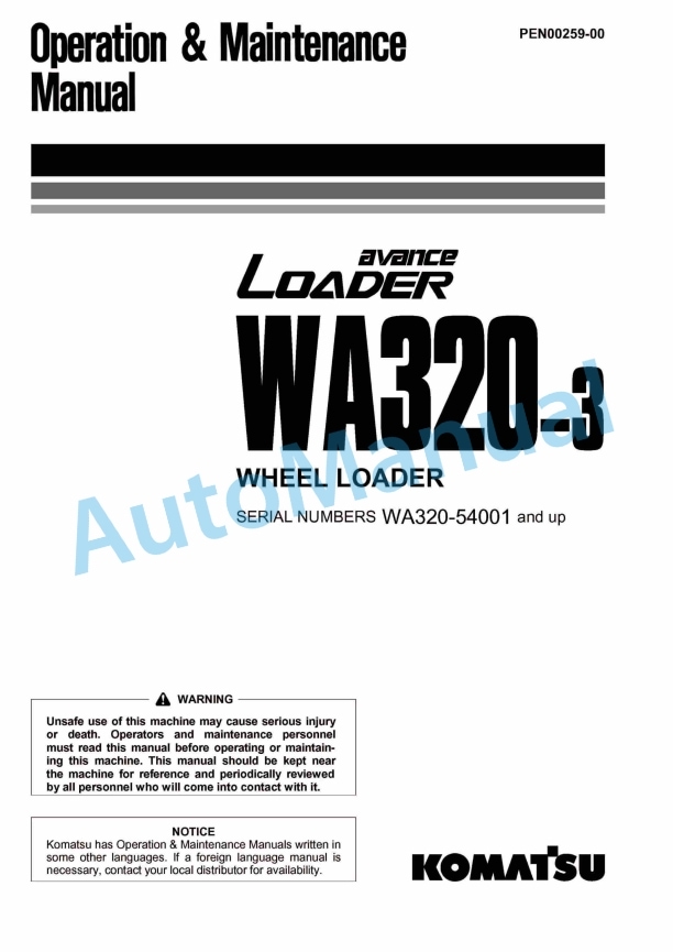 Komatsu WA320-3 Avance Wheel Loader Operation and Maintenance Manual PEN00259-00