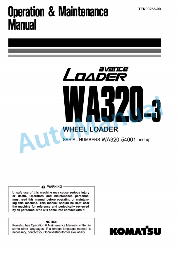 Komatsu WA320-3 Avance Wheel Loader Operation and Maintenance Manual TEN00255-00