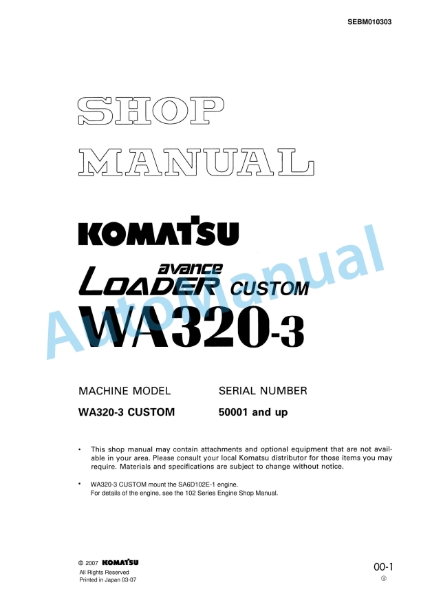 Komatsu WA320-3 Custom Avance Loader Shop Manual SEBM010303