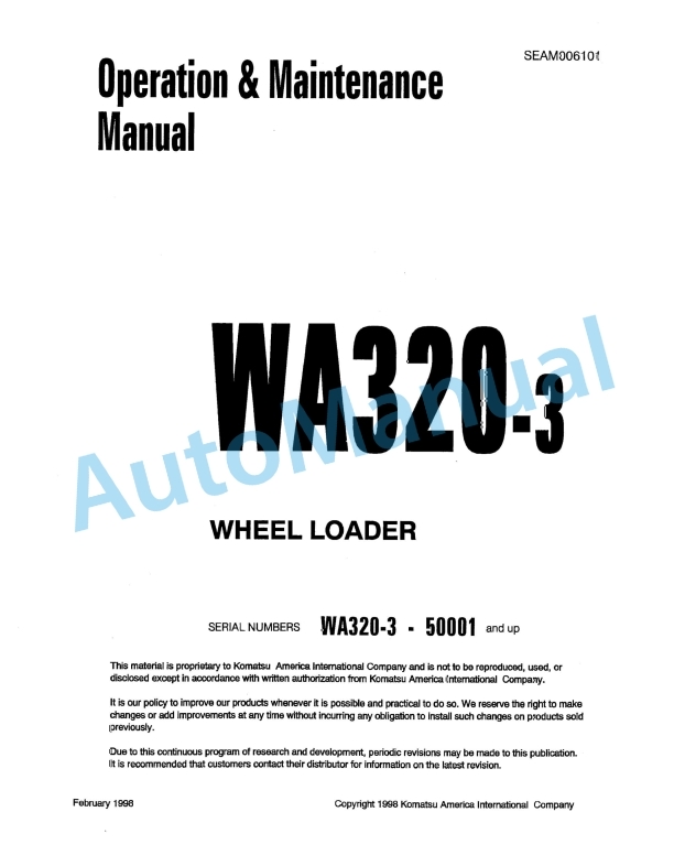 Komatsu WA320-3 Wheel Loader Operation and Maintenance Manual SEAM006101