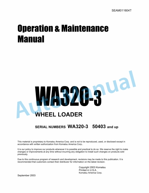 Komatsu WA320-3 Wheel Loader Operation and Maintenance Manual SEAM011604T
