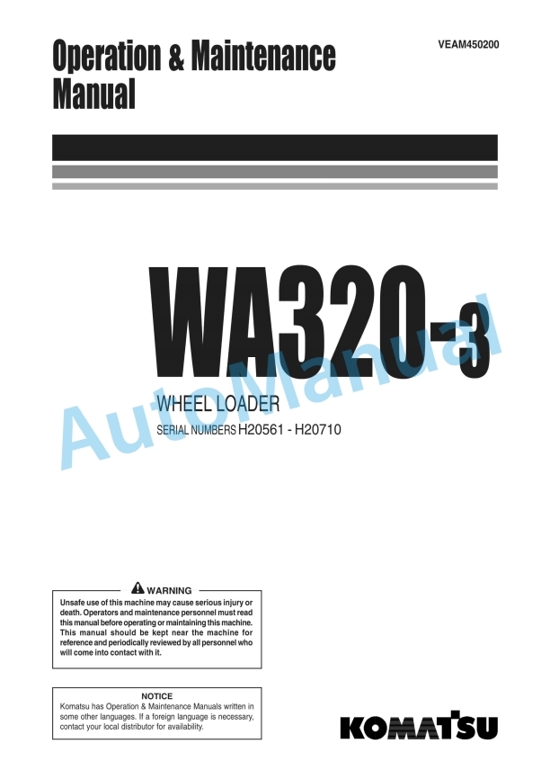Komatsu WA320-3 Wheel Loader Operation and Maintenance Manual VEAM450200