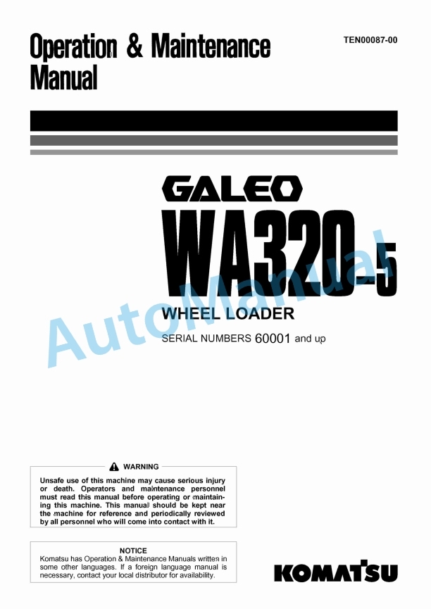 Komatsu WA320-5 Galeo Wheel Loader Operation and Maintenance Manual TEN00087-00