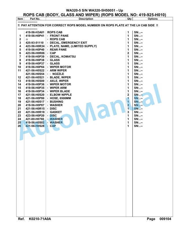 Komatsu WA320-5 Parts Manual WA320-5H50051-Up-4