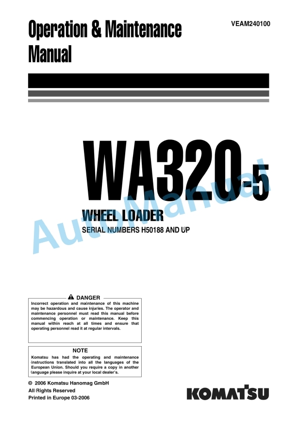 Komatsu WA320-5 Wheel Loader Operation and Maintenance Manual VEAM240100