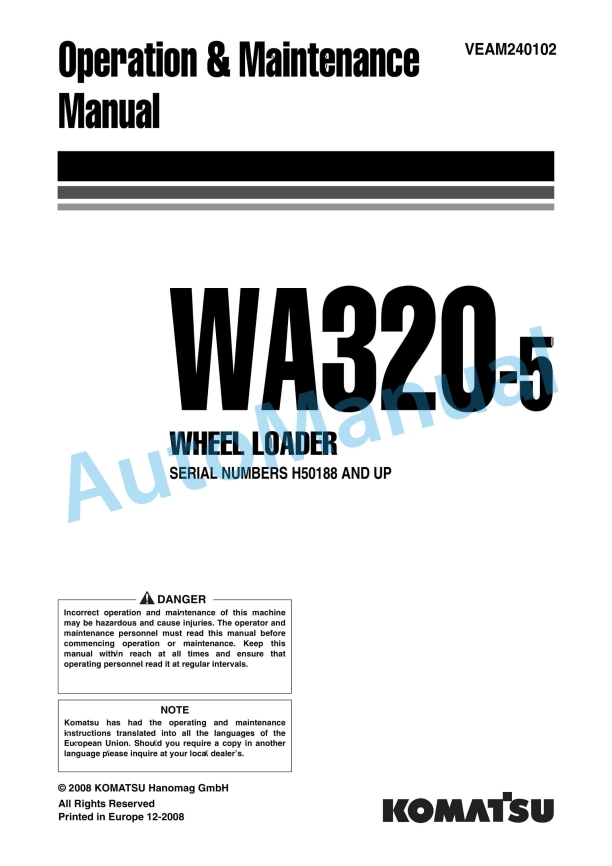 Komatsu WA320-5 Wheel Loader Operation and Maintenance Manual VEAM240102