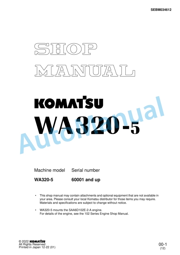 Komatsu WA320-5 Wheel Loader Shop Manual SEBM034612
