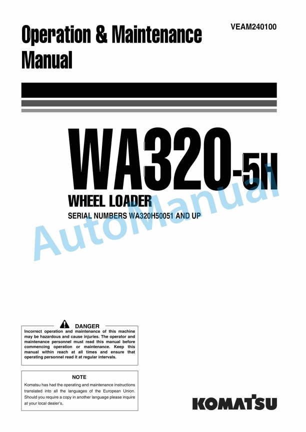 Komatsu WA320-5H Wheel Loader Operation and Maintenance Manual VEAM240100