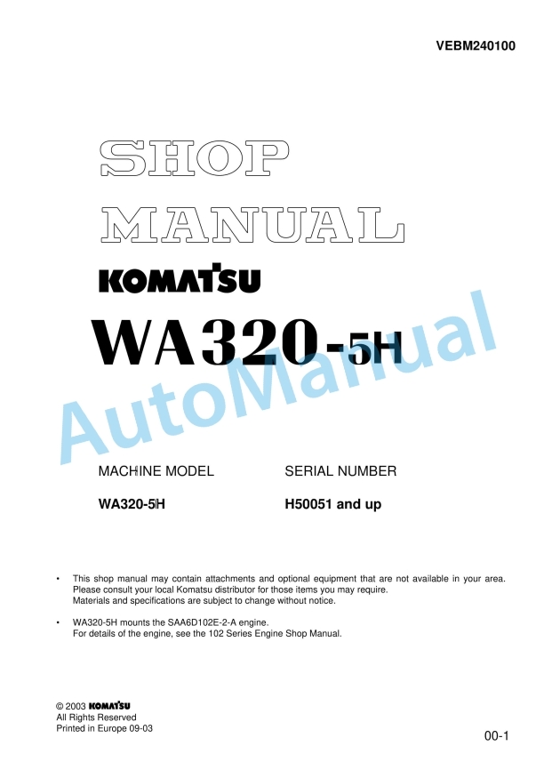 Komatsu WA320-5H Wheel Loader Shop Manual VEBM240100