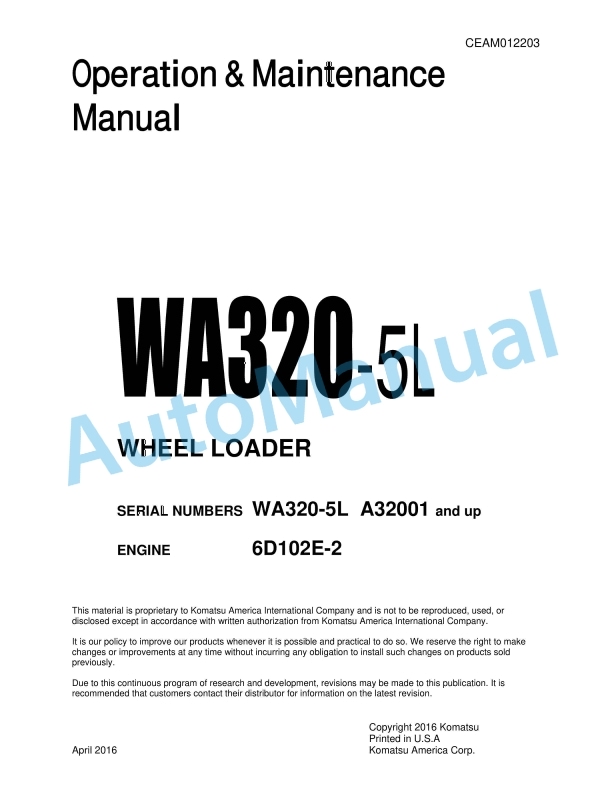 Komatsu WA320-5L Wheel Loader Operation and Maintenance Manual CEAM012203