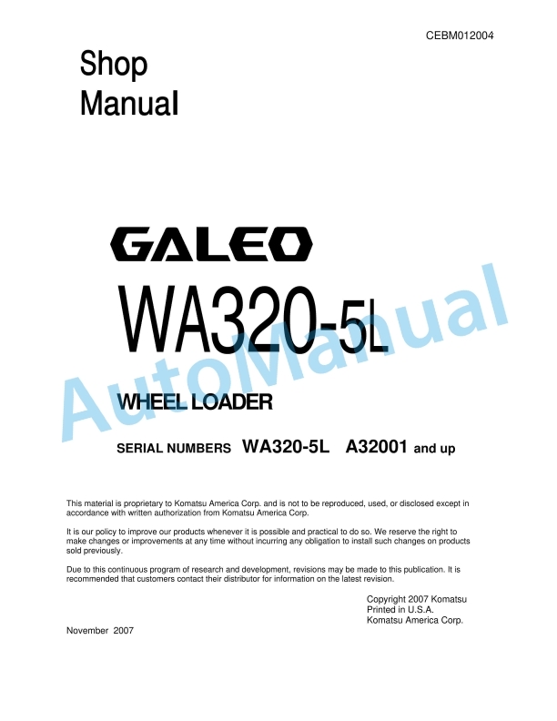 Komatsu WA320-5L Wheel Loader Shop Manual CEBM012004
