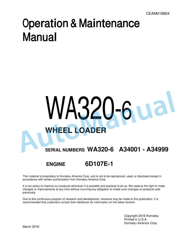 Komatsu WA320-6 Wheel Loader Operation and Maintenance Manual CEAM019804