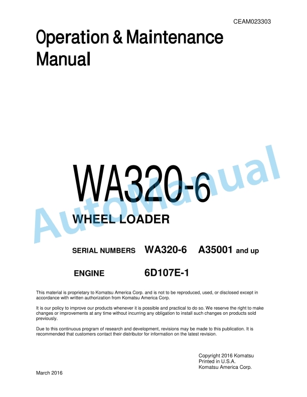 Komatsu WA320-6 Wheel Loader Operation and Maintenance Manual CEAM023303