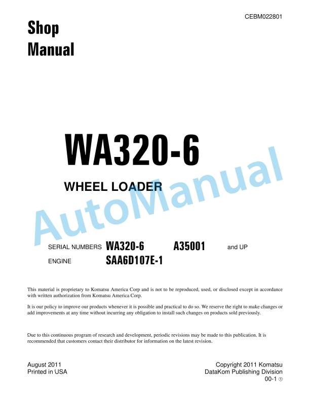 Komatsu WA320-6 Wheel Loader Shop Manual CEBM022801