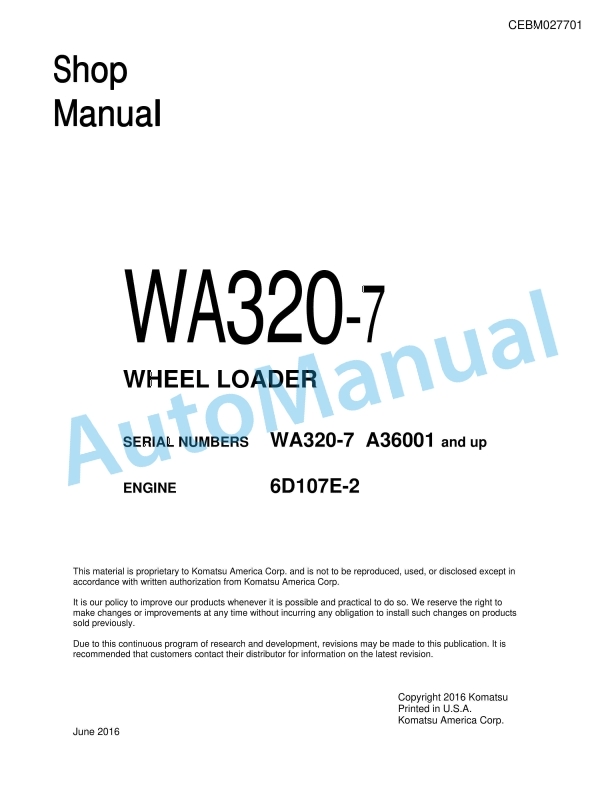 Komatsu WA320-7 Wheel Loader Shop Manual CEBM027701